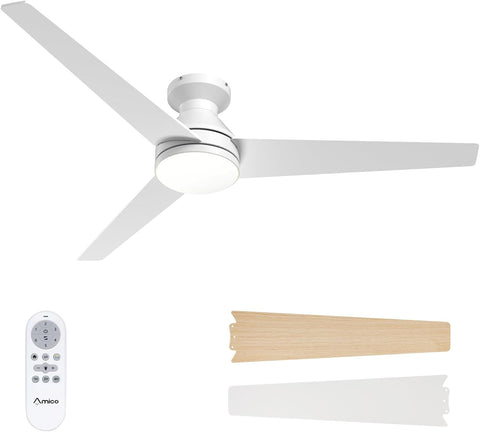 Ceiling Fans with Lights, 52 inch Low Profile Ceiling fan with Light and Remote Control, Flush Mount, Reversible, 3CCT, Dimmable, Noiseless, White Ceiling Fan for Bedroom, Indoor/Outdoor Use