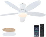 48 Inch Ceiling Fan with Light, White Flush Mount Ceiling Fan with Remote and APP Control, Dimmable and 6 Wind Speed, Modern Low Profile Fan Light for Bedroom, Covered Outdoor