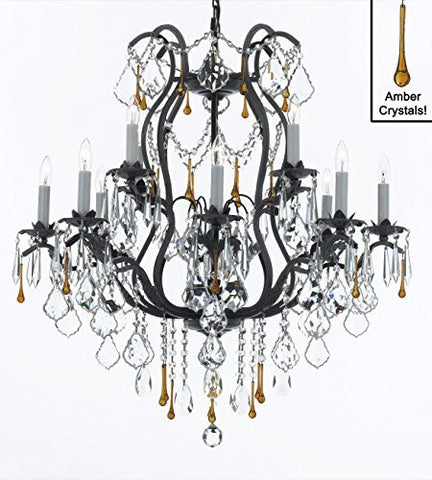 Wrought Iron Crystal Chandelier Lighting Chandeliers Dressed With Amber Crystals Dining Room Entryway Living Room H30" X W28" - A83-3037/8+4Amber