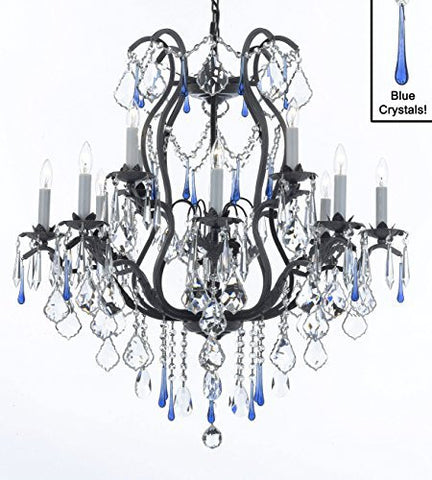 Wrought Iron Crystal Chandelier Lighting Chandeliers Dressed With Blue Crystals Dining Room Entryway Living Room H30" X W28" - A83-3037/8+4Blue