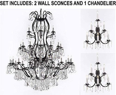 Set of 3-2 Wrought Iron Wall Sconce Crystal Lighting 3 Tier Wall Sconces W16 x H24 and 1 Large Foyer Iron Chandelier Chandeliers Lighting with Crystal! H60 x W52 - 2EA A500-6/3034 + 1EA A500-3031/36
