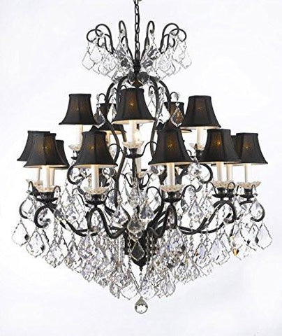 Swarovski Crystal Trimmed Chandelier Wrought Iron Crystal Chandelier Lighting With Black Shades W38" H44" - A500-Blackshades/556/16 Sw