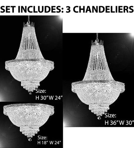 Set of 3-1 French Empire Crystal Chandelier Lighting H36 X W30 & 1 French Empire Crystal Chandelier Lighting H30 X W24 and 1 French Empire Crystal Semi Flush Basket Chandeliers Lighting H18 X W24 - CS/870/14+ CS/870/9+ FLUSH/CS/870/9 A500-