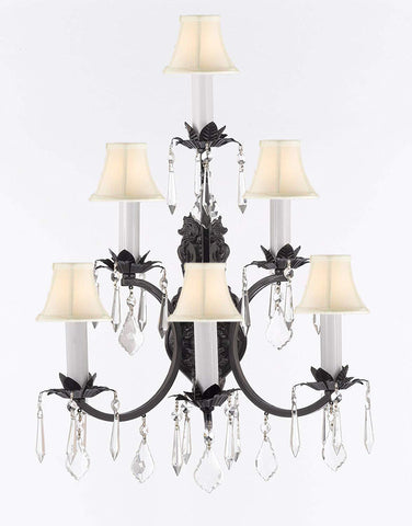 Wrought Iron Wall Sconce Crystal Lighting 3 Tier Wall Sconces W16 x H24 w/White Shades - A500-WHITESHADES/6/3034