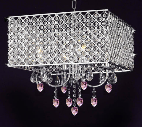 Modern Contemporary Chrome / Crystal 4-light Square Ceiling Chandelier Chandeliers Lighting With Crystal Pink Hearts - G7-B21/2129/4