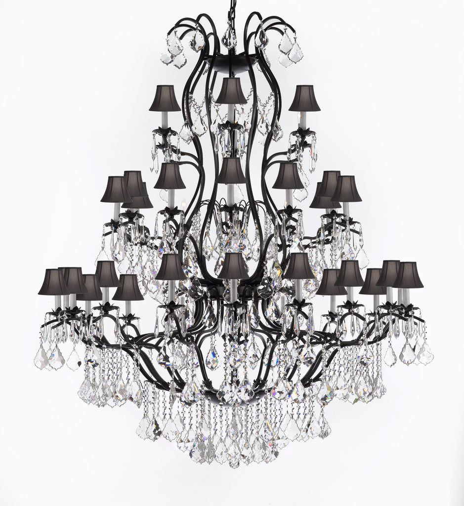 Large Foyer / Entryway Wrought Iron Chandelier Lighting With Crystal And Black Shades H60" X W52" - A500-Sc/Blackshade/3031/36
